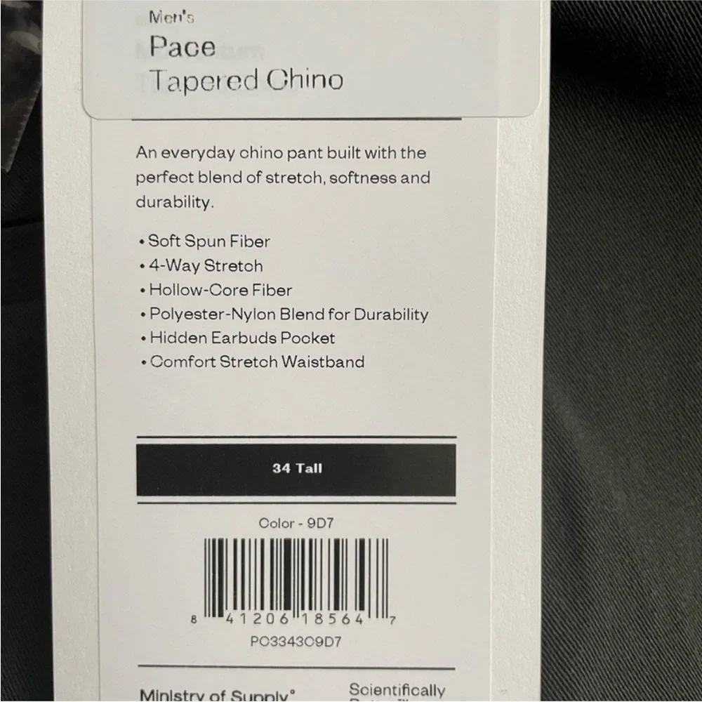 Ministry of Supply Men’s Pace Tapered Stretch Chino Pant Olive Size 34x33 New